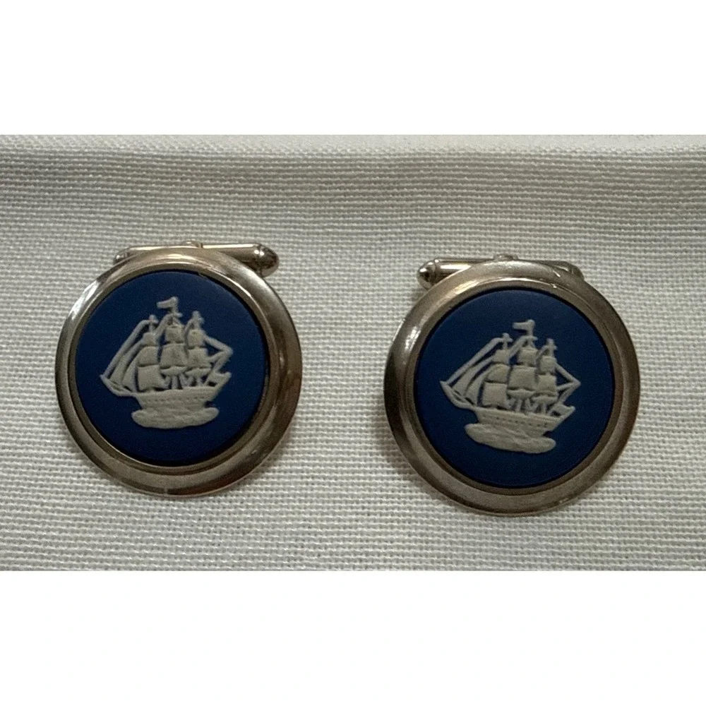Vintage Wedgwood Cuff Links Blue Jasperware Gold Sterling Sailing Ship